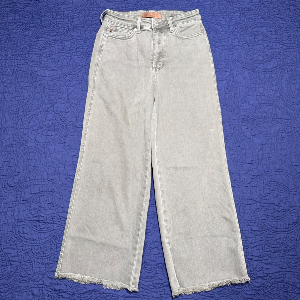 Judy Blue Olive Green Wide Leg Cropped Jeans Frayed Raw Hem Size 5/27 High Waist